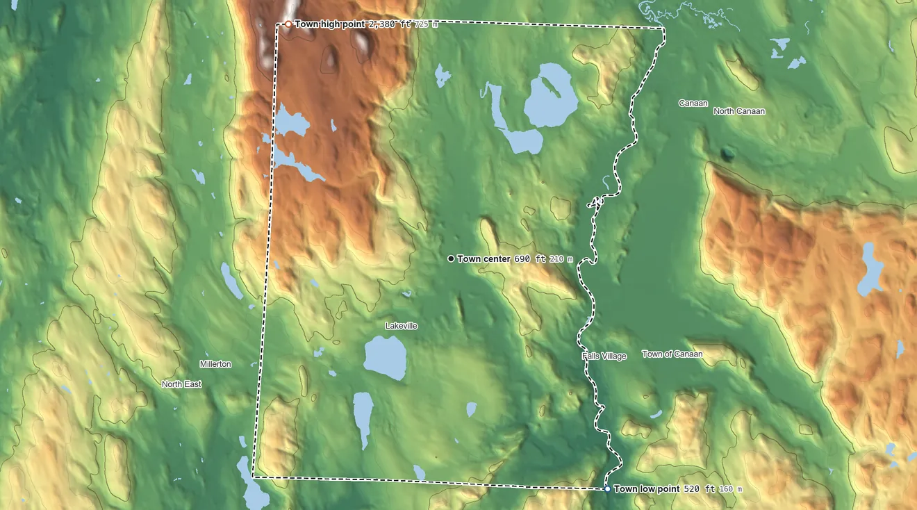 Topographic elevation map of Salisbury, Connecticut, shaded from 520 ft on the southeast side to 2,380 ft on the northwest side