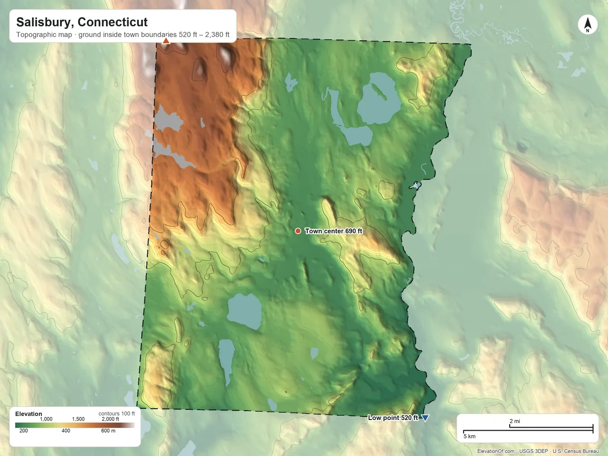 Topographic elevation map of Salisbury, Connecticut, shaded from 520 ft on the southeast side to 2,380 ft on the northwest side