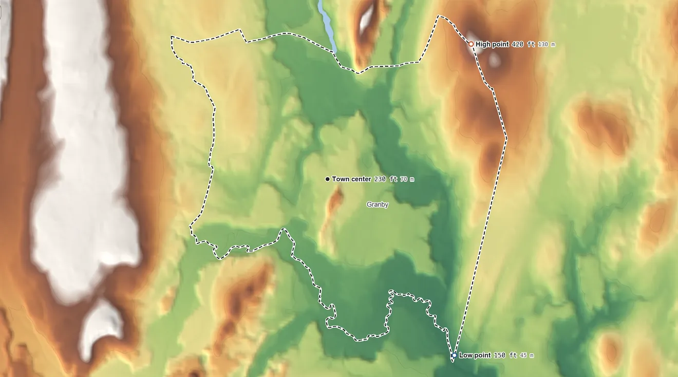 Topographic elevation map of Salmon Brook, Connecticut, shaded from 150 ft on the southeast side to 420 ft on the northeast edge, below higher ground just outside
