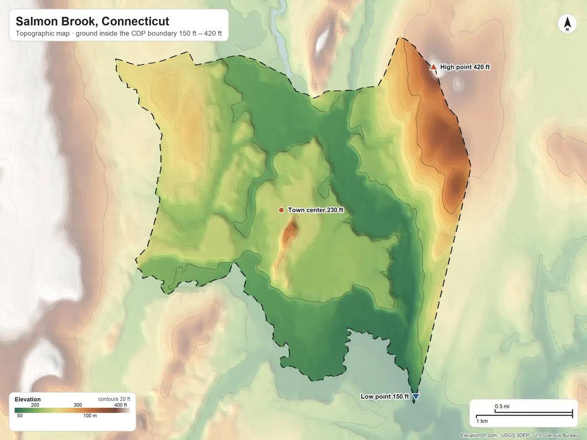 Topographic elevation map of Salmon Brook, Connecticut, shaded from 150 ft on the southeast side to 420 ft on the northeast edge, below higher ground just outside
