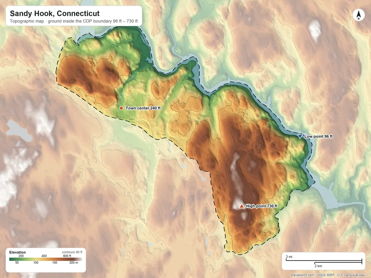 Topographic elevation map of Sandy Hook, Connecticut, shaded from 96 ft on the east side to 730 ft on the southeast side