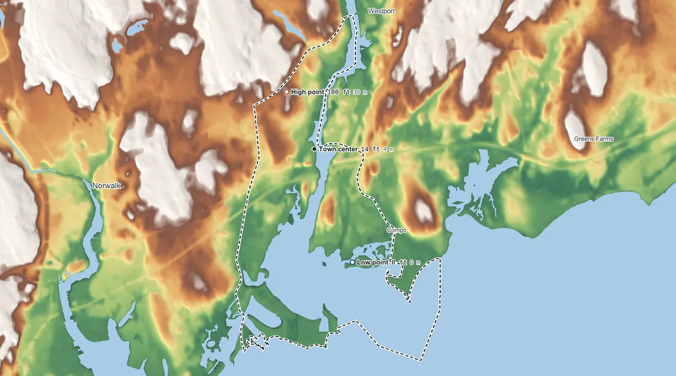 Topographic elevation map of Saugatuck, Connecticut, shaded from sea level level on the Holly Pond to 100 ft on the northwest side
