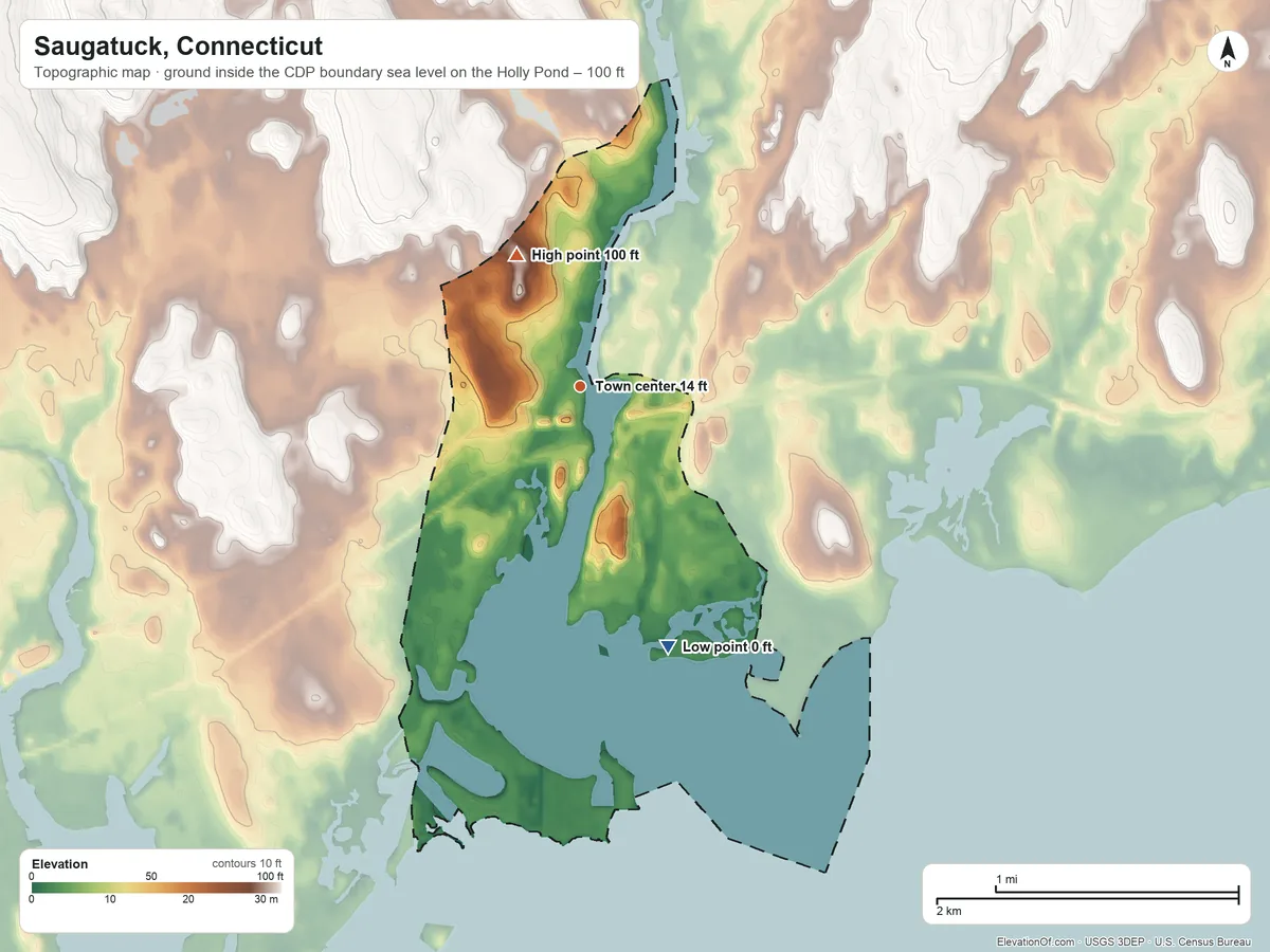 Topographic elevation map of Saugatuck, Connecticut, shaded from sea level level on the Holly Pond to 100 ft on the northwest side