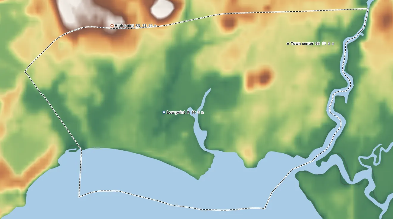 Topographic elevation map of Saybrook Manor, Connecticut, shaded from sea level level on Long Island Sound to 33 ft on the west side
