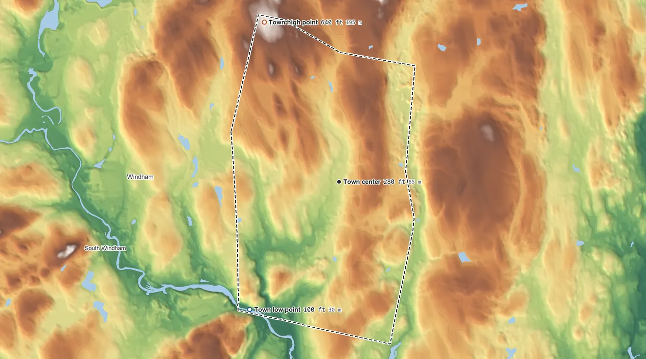 Topographic elevation map of Scotland, Connecticut, shaded from 100 ft on the southwest side to 640 ft on Parish Hill