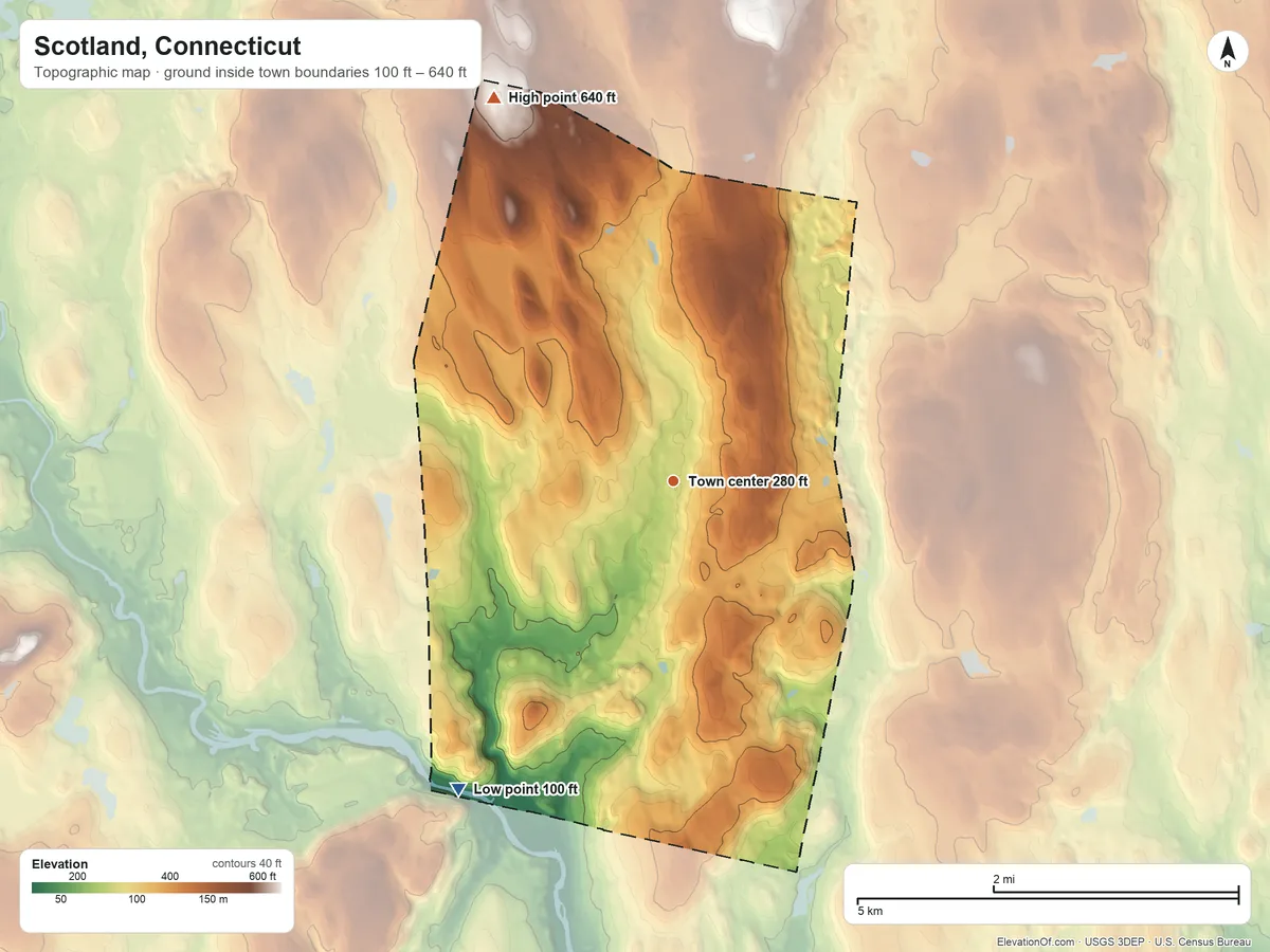 Topographic elevation map of Scotland, Connecticut, shaded from 100 ft on the southwest side to 640 ft on Parish Hill