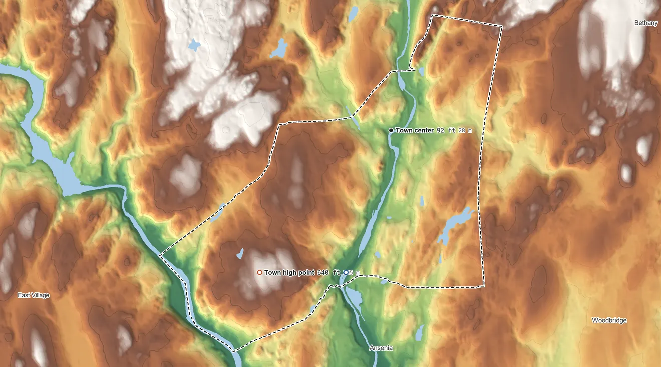Topographic elevation map of Seymour, Connecticut, shaded from 18 ft on the south side to 640 ft on Great Hill