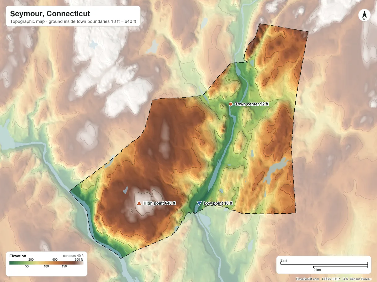 Topographic elevation map of Seymour, Connecticut, shaded from 18 ft on the south side to 640 ft on Great Hill