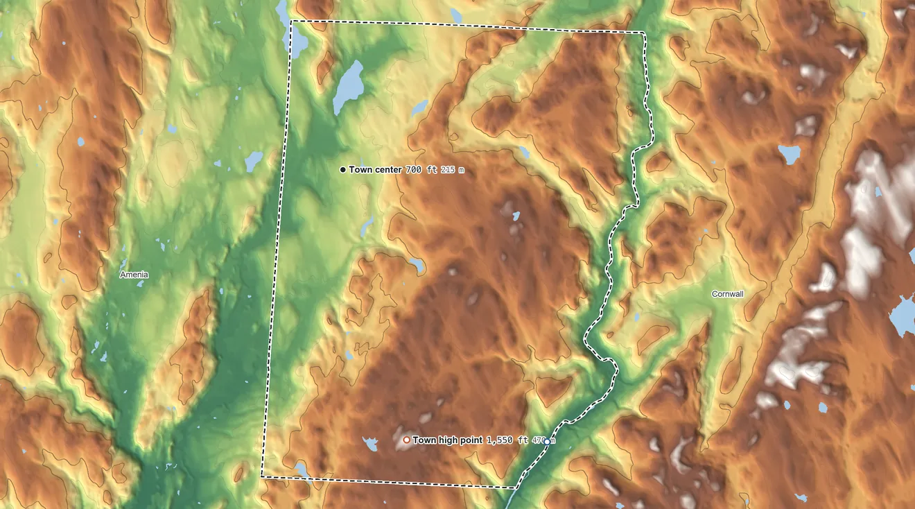 Topographic elevation map of Sharon, Connecticut, shaded from 410 ft on the southeast side to 1,548 ft on Ellsworth Hill