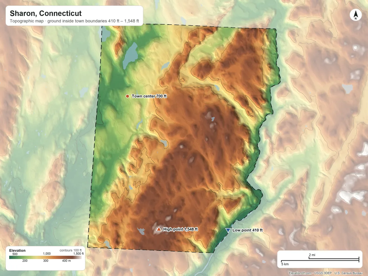 Topographic elevation map of Sharon, Connecticut, shaded from 410 ft on the southeast side to 1,548 ft on Ellsworth Hill