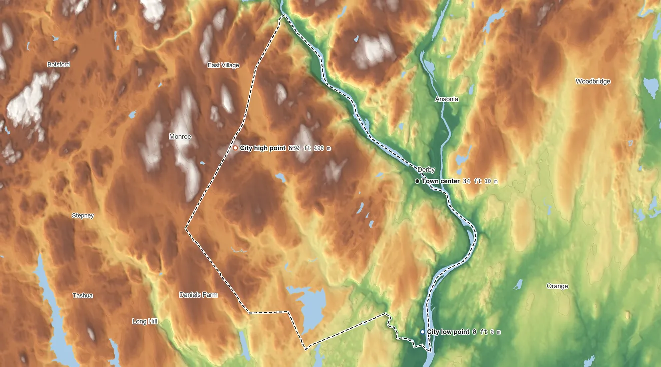 Topographic elevation map of Shelton, Connecticut, shaded from 0 ft on the south side to 630 ft on Israel Hill