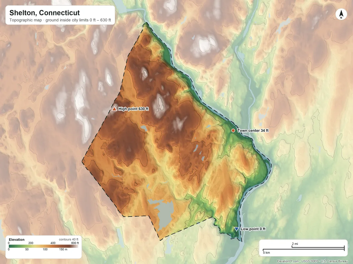 Topographic elevation map of Shelton, Connecticut, shaded from 0 ft on the south side to 630 ft on Israel Hill