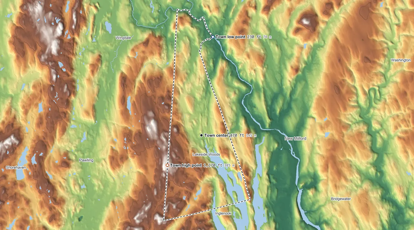 Topographic elevation map of Sherman, Connecticut, shaded from 230 ft on the north side to 1,270 ft on the southwest side
