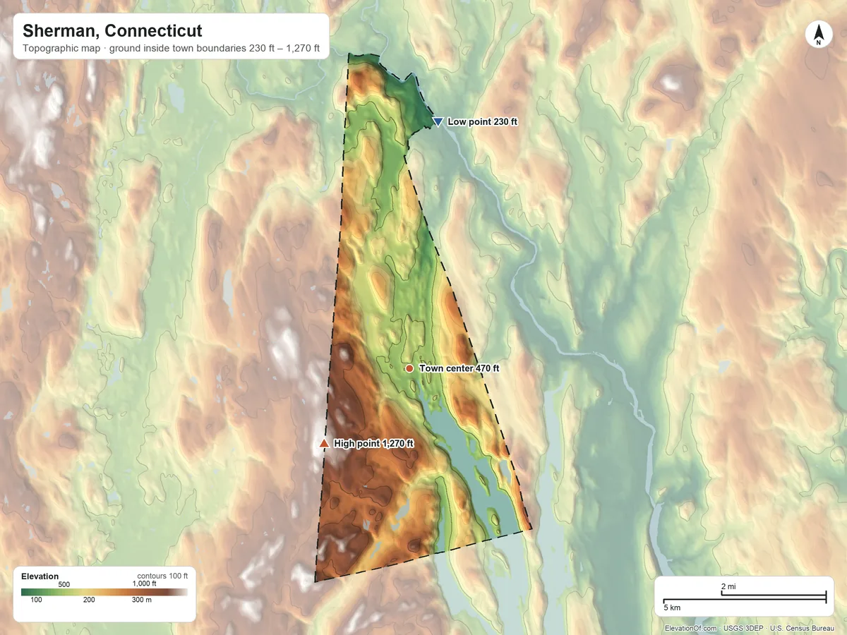 Topographic elevation map of Sherman, Connecticut, shaded from 230 ft on the north side to 1,270 ft on the southwest side