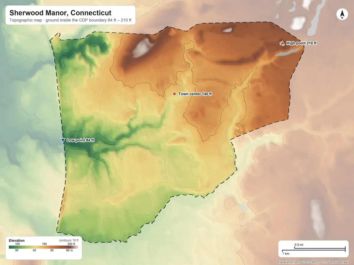 Topographic elevation map of Sherwood Manor, Connecticut, shaded from 84 ft on the southwest side to 210 ft on the northeast side