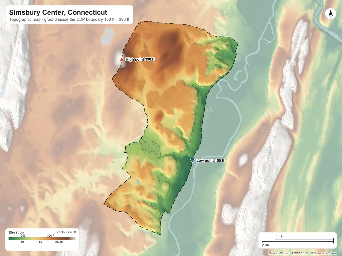 Topographic elevation map of Simsbury Center, Connecticut, shaded from 150 ft on the southeast side to 390 ft at the foot of The Knolls