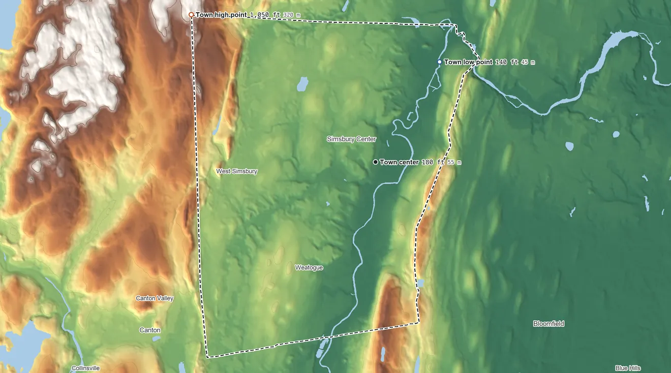Topographic elevation map of Simsbury, Connecticut, shaded from 140 ft on the northeast side to 1,050 ft on the northwest side