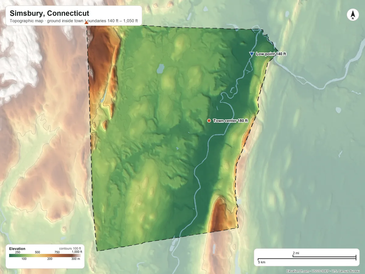 Topographic elevation map of Simsbury, Connecticut, shaded from 140 ft on the northeast side to 1,050 ft on the northwest side