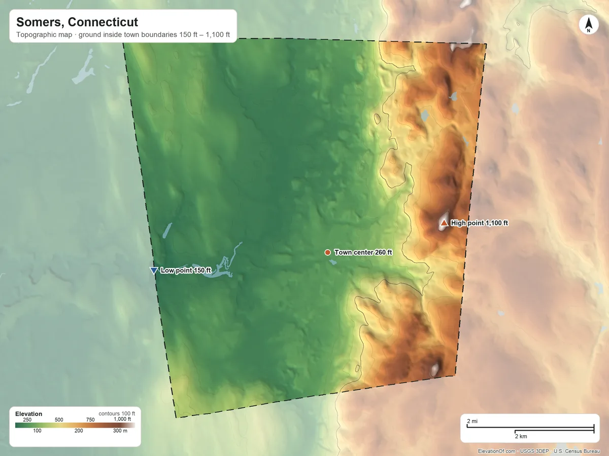 Topographic elevation map of Somers, Connecticut, shaded from 150 ft on the west side to 1,100 ft on Bald Mountain