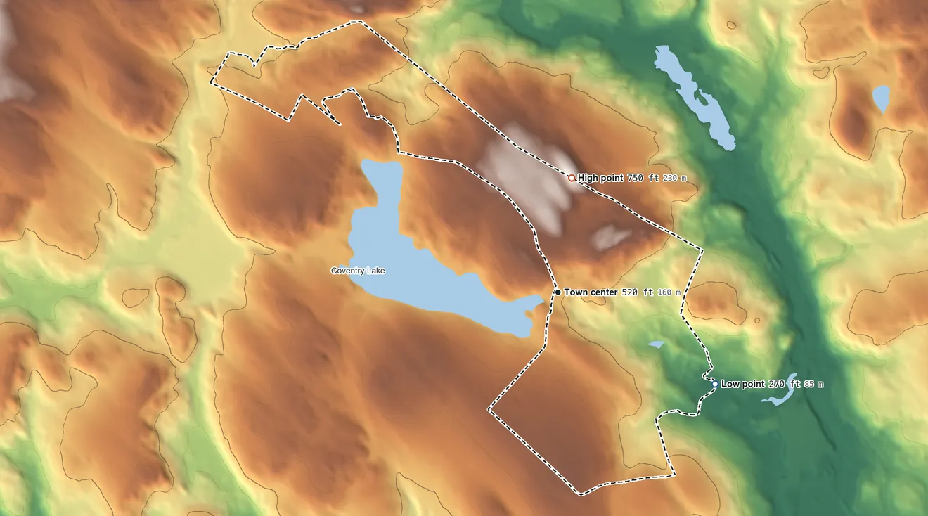 Topographic elevation map of South Coventry, Connecticut, shaded from 270 ft on the southeast side to 750 ft on the north side