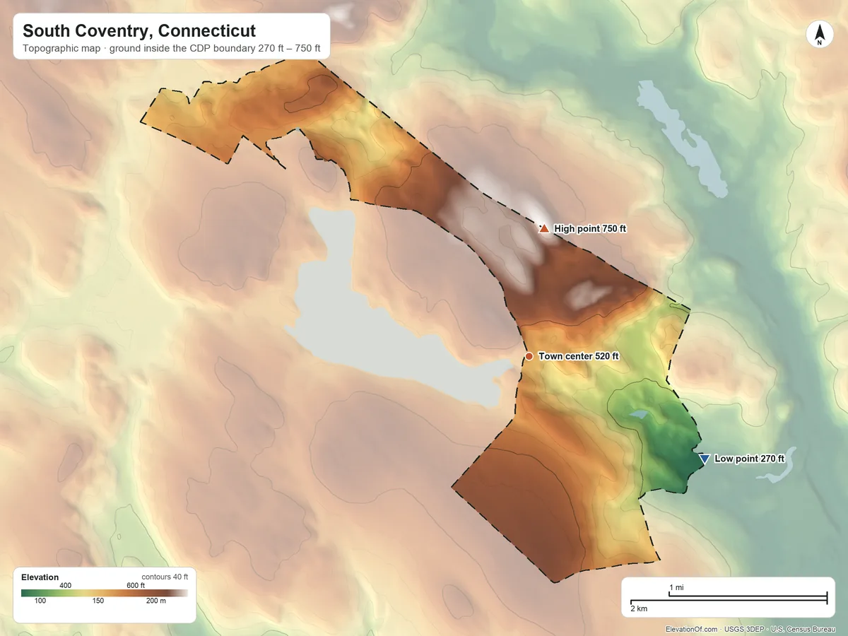 Topographic elevation map of South Coventry, Connecticut, shaded from 270 ft on the southeast side to 750 ft on the north side