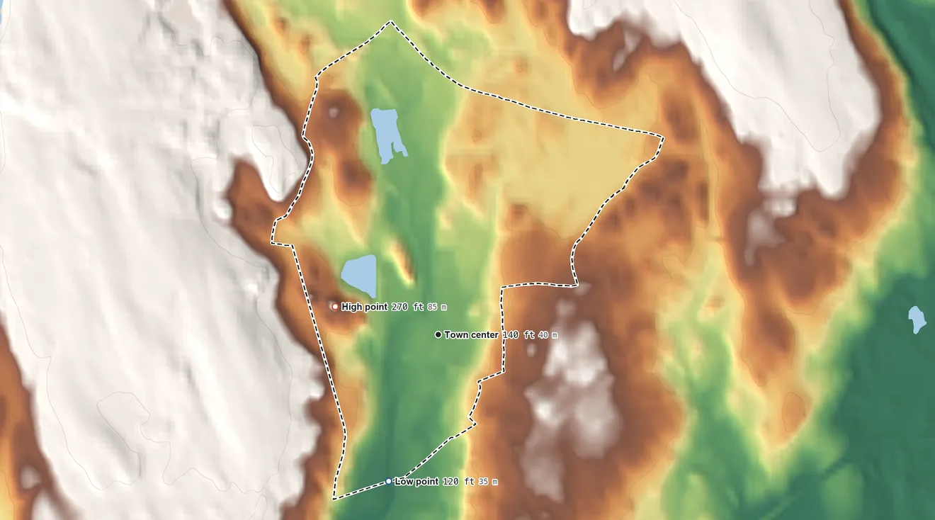 Topographic elevation map of South Wilton, Connecticut, shaded from 120 ft on the south side to 270 ft on the west side