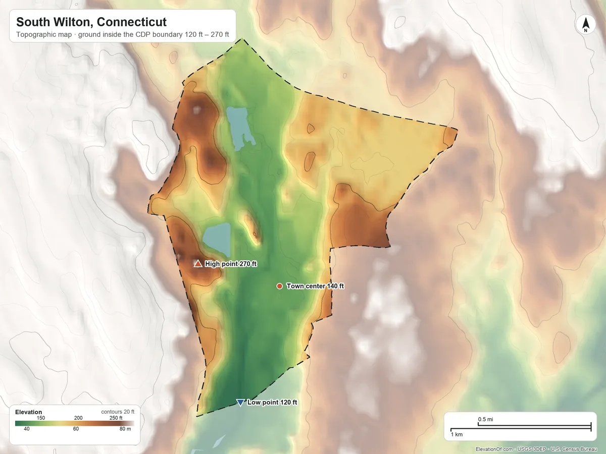 Topographic elevation map of South Wilton, Connecticut, shaded from 120 ft on the south side to 270 ft on the west side