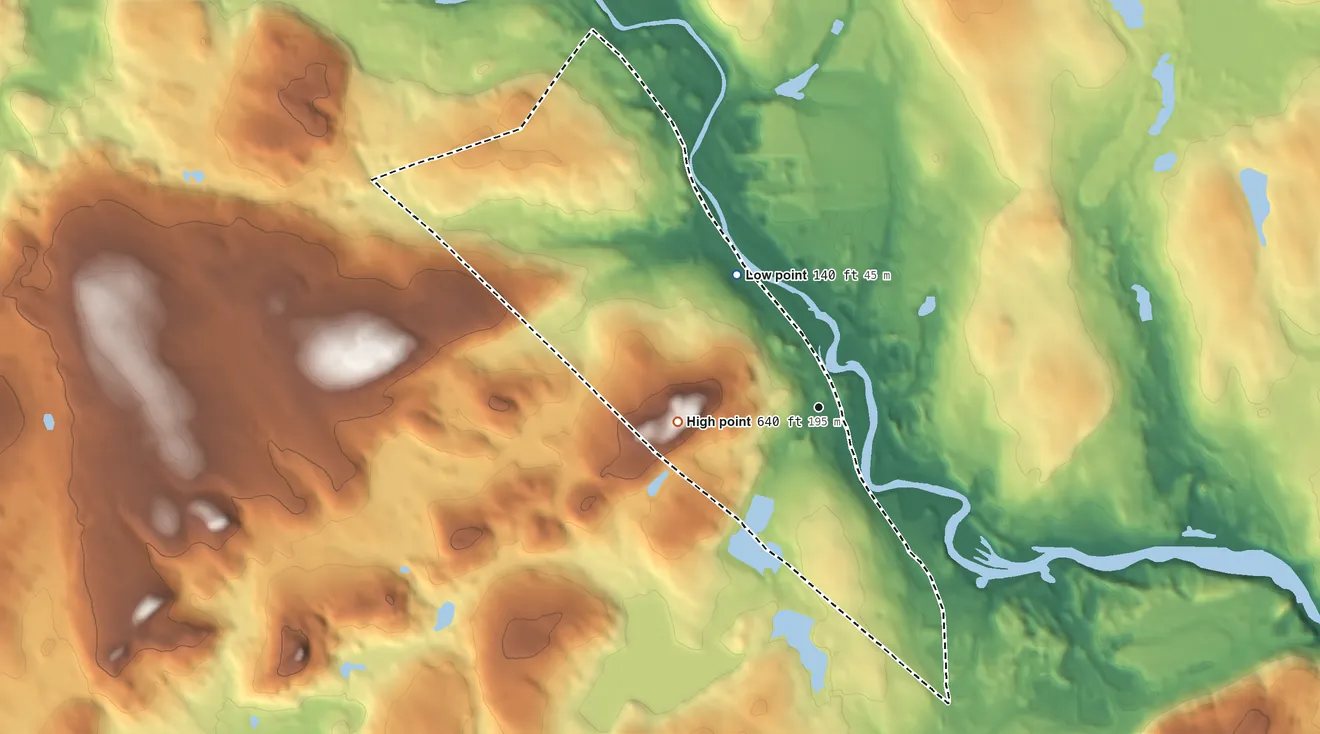 Topographic elevation map of South Windham, Connecticut, shaded from 140 ft on the northwest side to 640 ft on Obwebetuck Hill