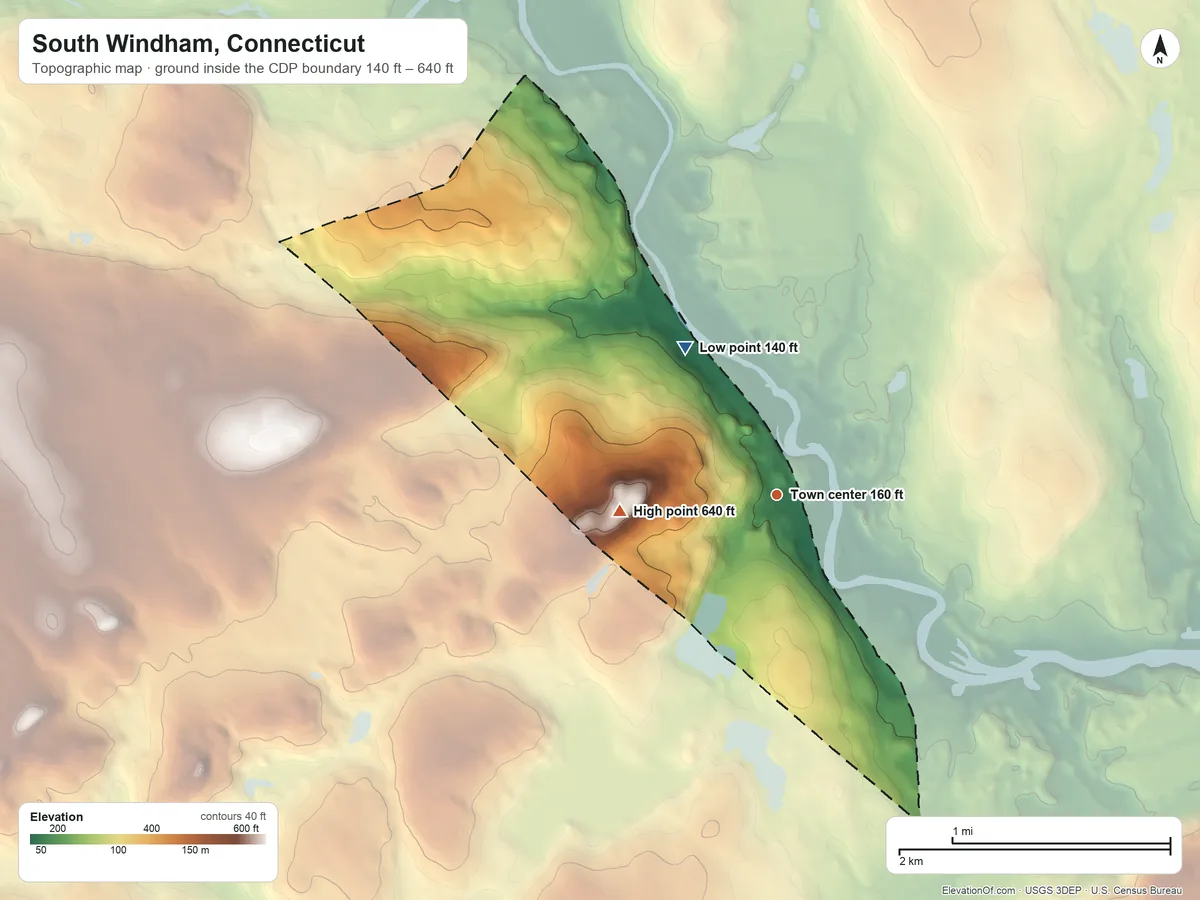 Topographic elevation map of South Windham, Connecticut, shaded from 140 ft on the northwest side to 640 ft on Obwebetuck Hill