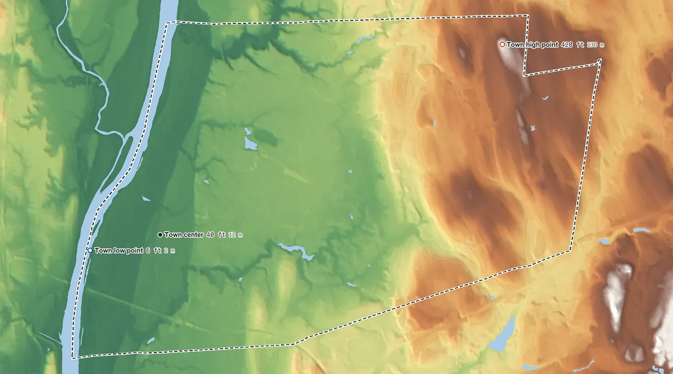 Topographic elevation map of South Windsor, Connecticut, shaded from 6 ft on the west side to 420 ft on the northeast side