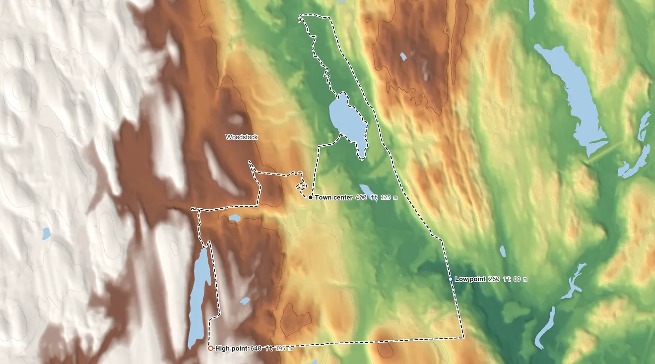 Topographic elevation map of South Woodstock, Connecticut, shaded from 260 ft on the southeast side to 640 ft on the southwest side