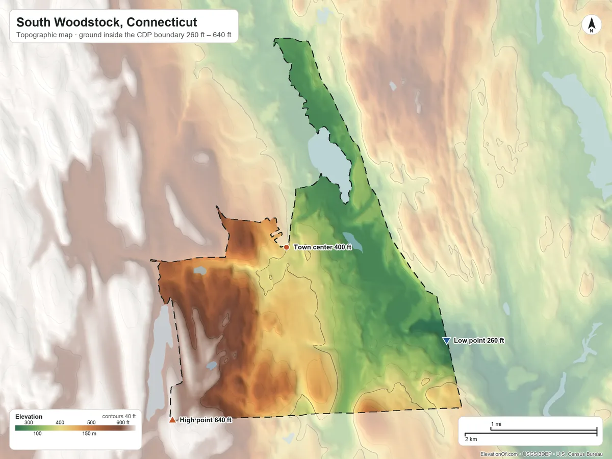 Topographic elevation map of South Woodstock, Connecticut, shaded from 260 ft on the southeast side to 640 ft on the southwest side