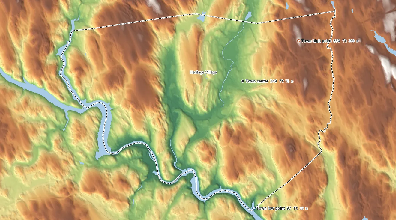 Topographic elevation map of Southbury, Connecticut, shaded from 97 ft on the south side to 850 ft on the northeast side