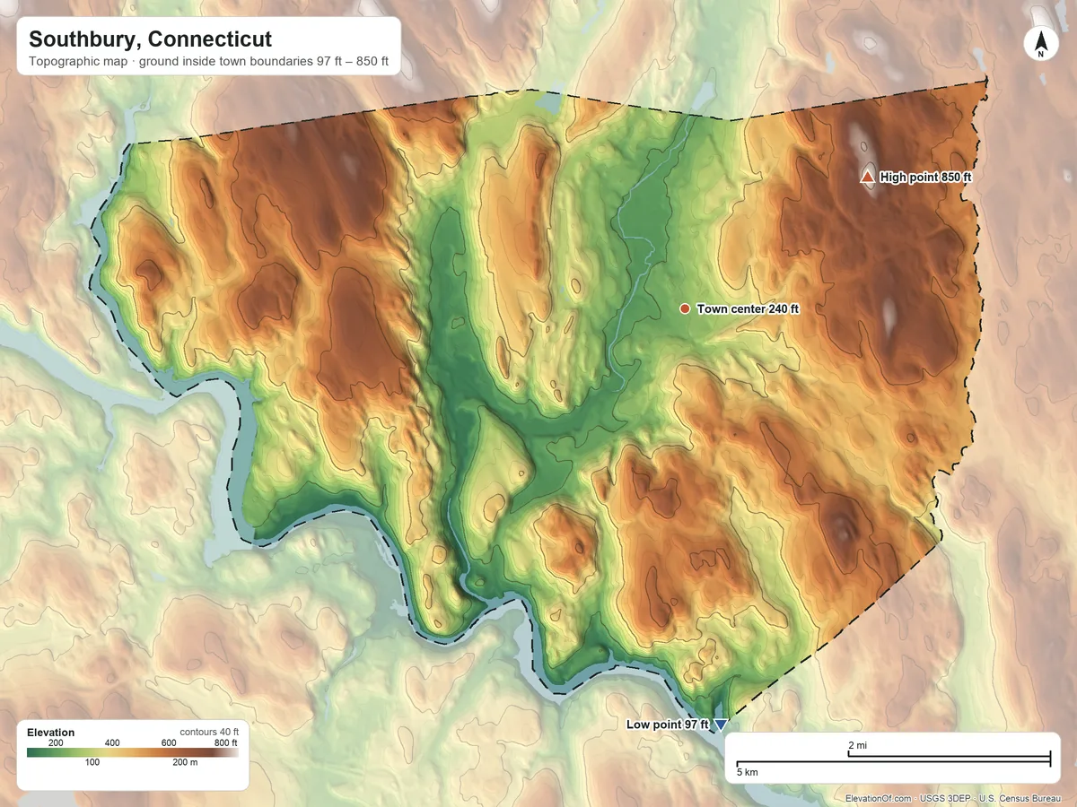 Topographic elevation map of Southbury, Connecticut, shaded from 97 ft on the south side to 850 ft on the northeast side
