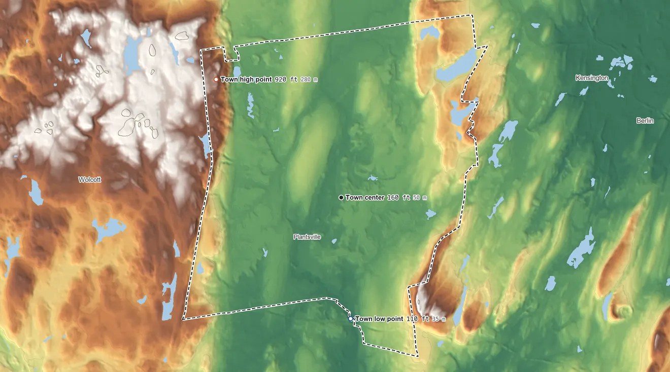 Topographic elevation map of Southington, Connecticut, shaded from 110 ft on the south side to 920 ft on the northwest side