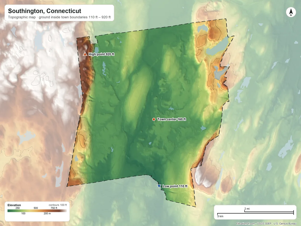 Topographic elevation map of Southington, Connecticut, shaded from 110 ft on the south side to 920 ft on the northwest side