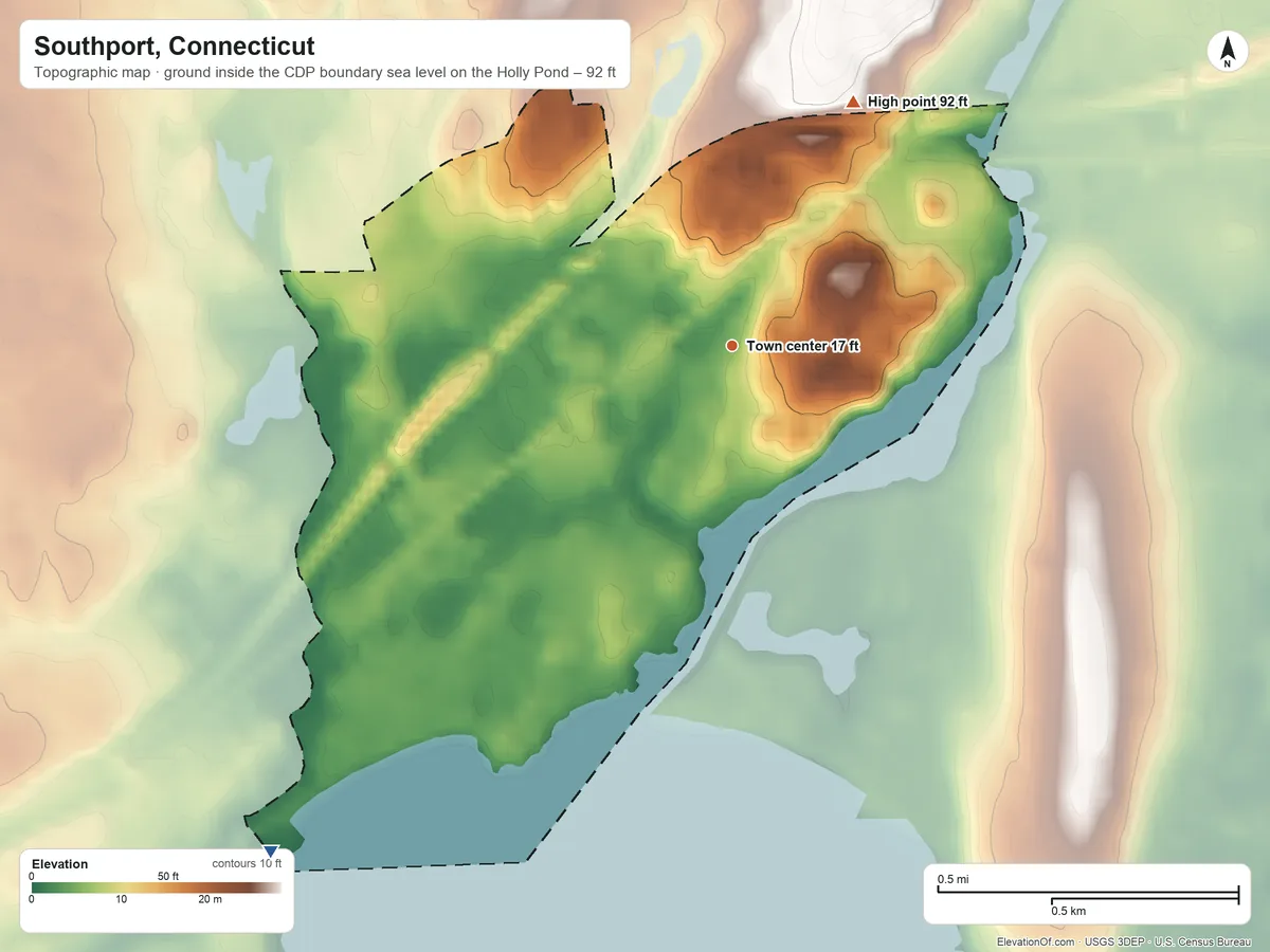 Topographic elevation map of Southport, Connecticut, shaded from sea level level on the Holly Pond to 92 ft on the northeast side
