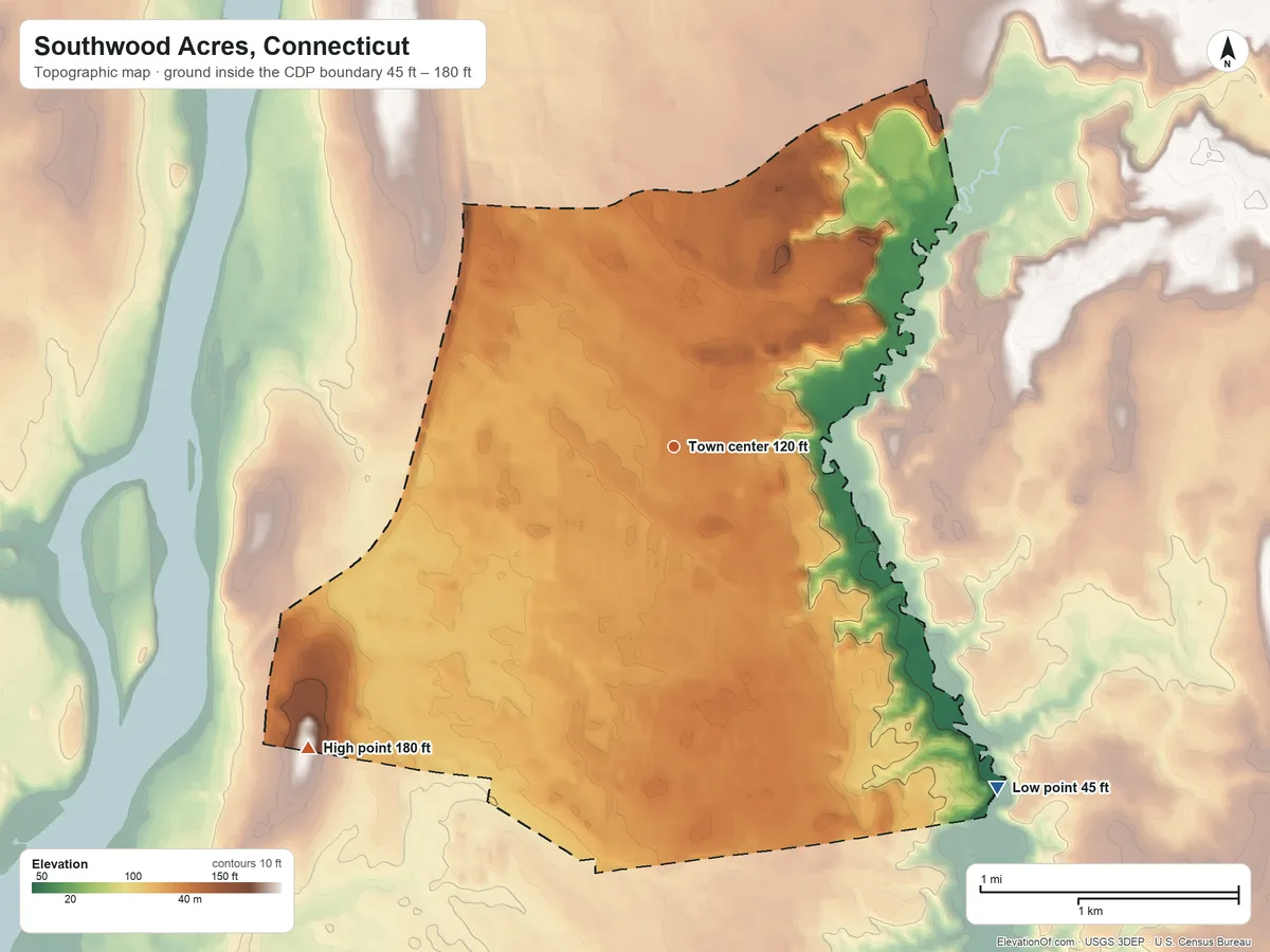 Topographic elevation map of Southwood Acres, Connecticut, shaded from 45 ft on the southeast side to 180 ft on the southwest side