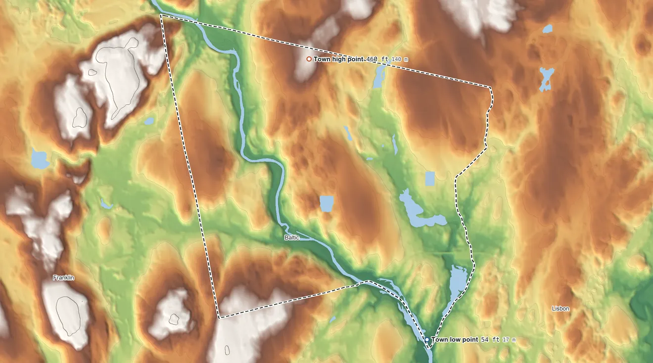 Topographic elevation map of Sprague, Connecticut, shaded from 54 ft on the southeast side to 460 ft on the north side