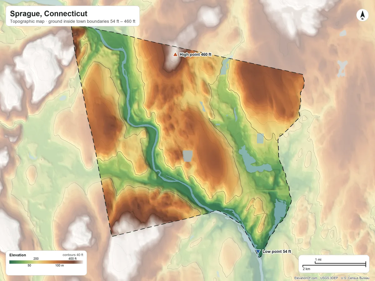 Topographic elevation map of Sprague, Connecticut, shaded from 54 ft on the southeast side to 460 ft on the north side