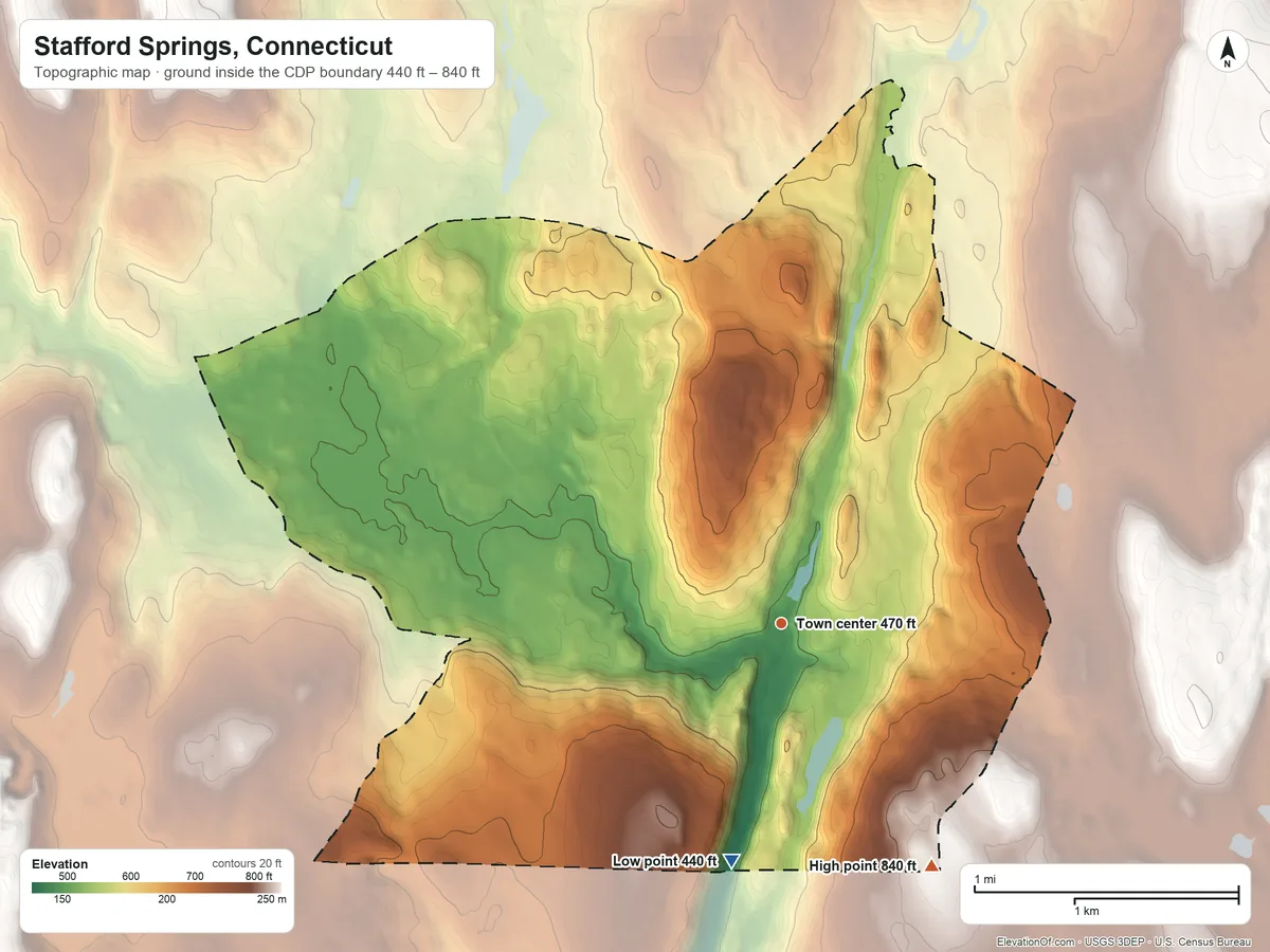 Topographic elevation map of Stafford Springs, Connecticut, shaded from 440 ft on the south side to 840 ft on the southeast side