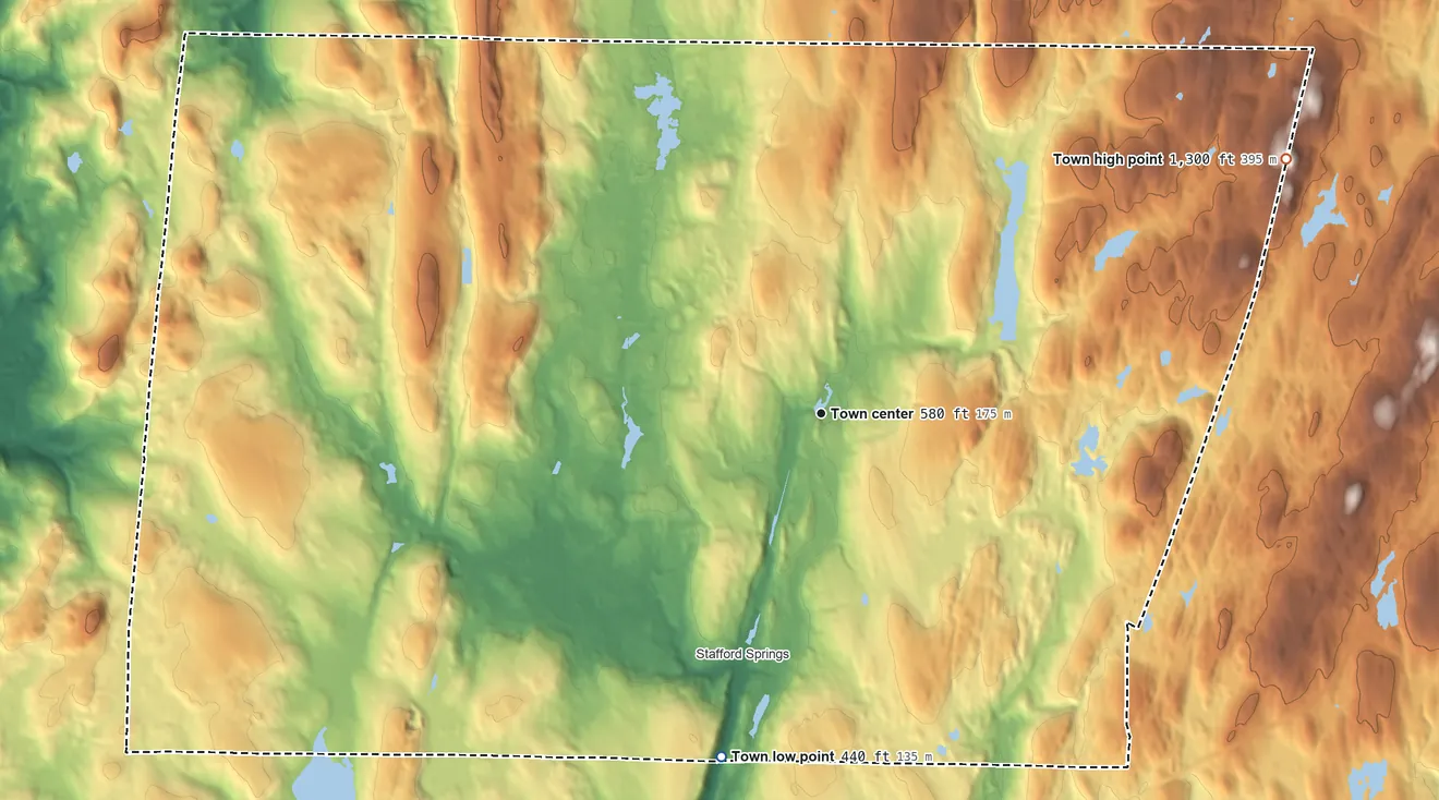 Topographic elevation map of Stafford, Connecticut, shaded from 440 ft on the south side to 1,300 ft on the northeast edge, below higher ground just outside