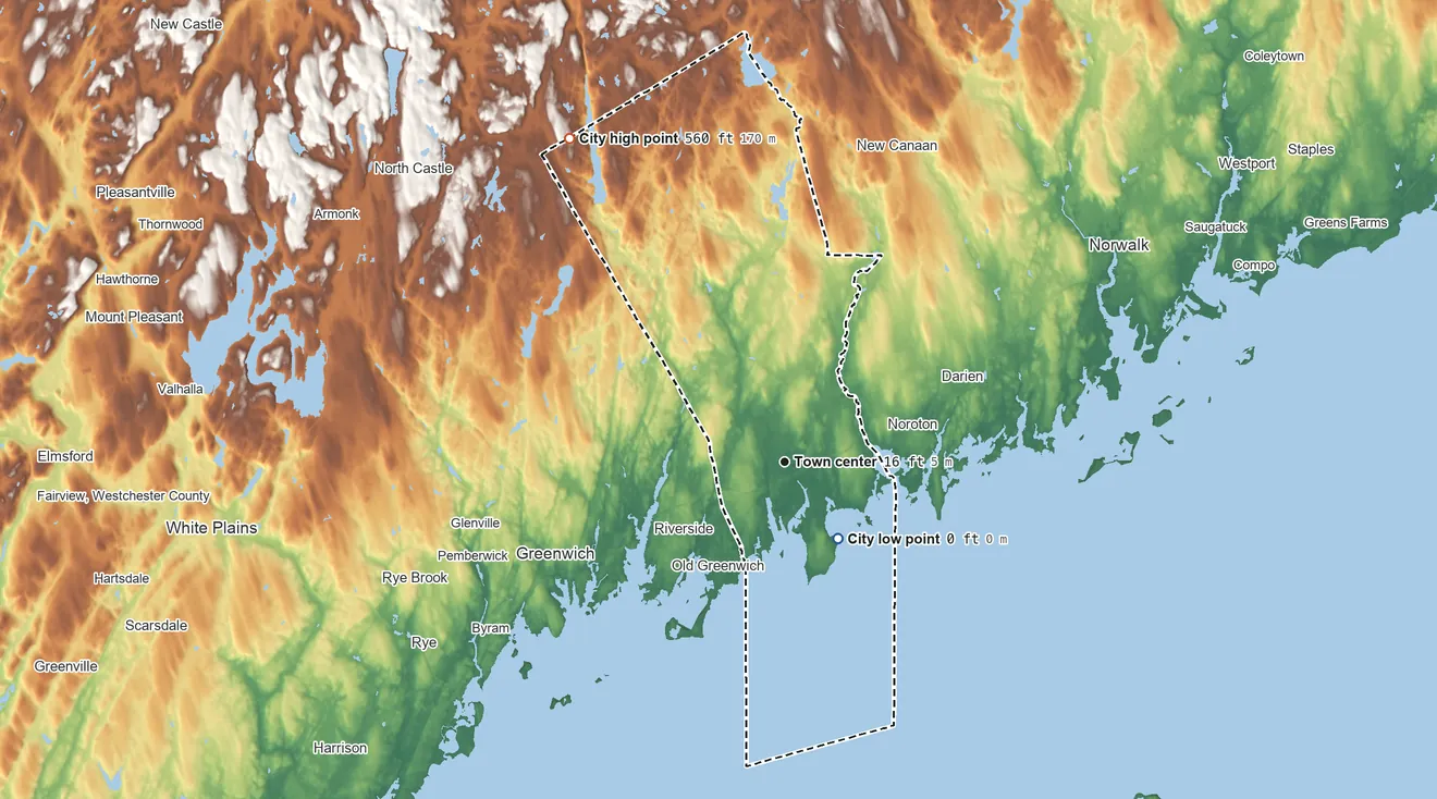 Topographic elevation map of Stamford, Connecticut, shaded from sea level level on Wescott Cove to 560 ft on the northwest side