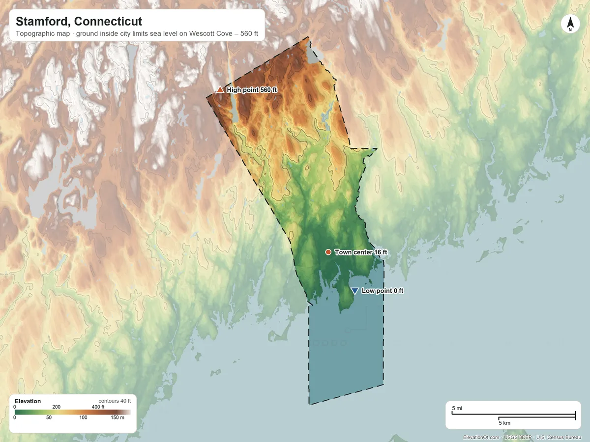 Topographic elevation map of Stamford, Connecticut, shaded from sea level level on Wescott Cove to 560 ft on the northwest side
