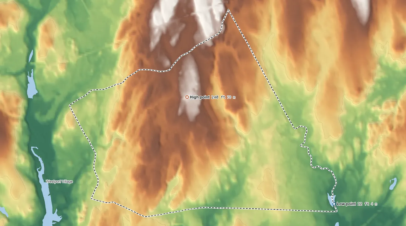 Topographic elevation map of Staples, Connecticut, shaded from 12 ft on the east side to 240 ft on the north side
