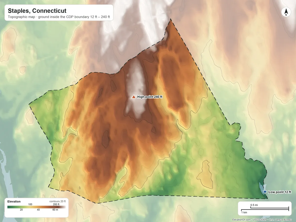 Topographic elevation map of Staples, Connecticut, shaded from 12 ft on the east side to 240 ft on the north side