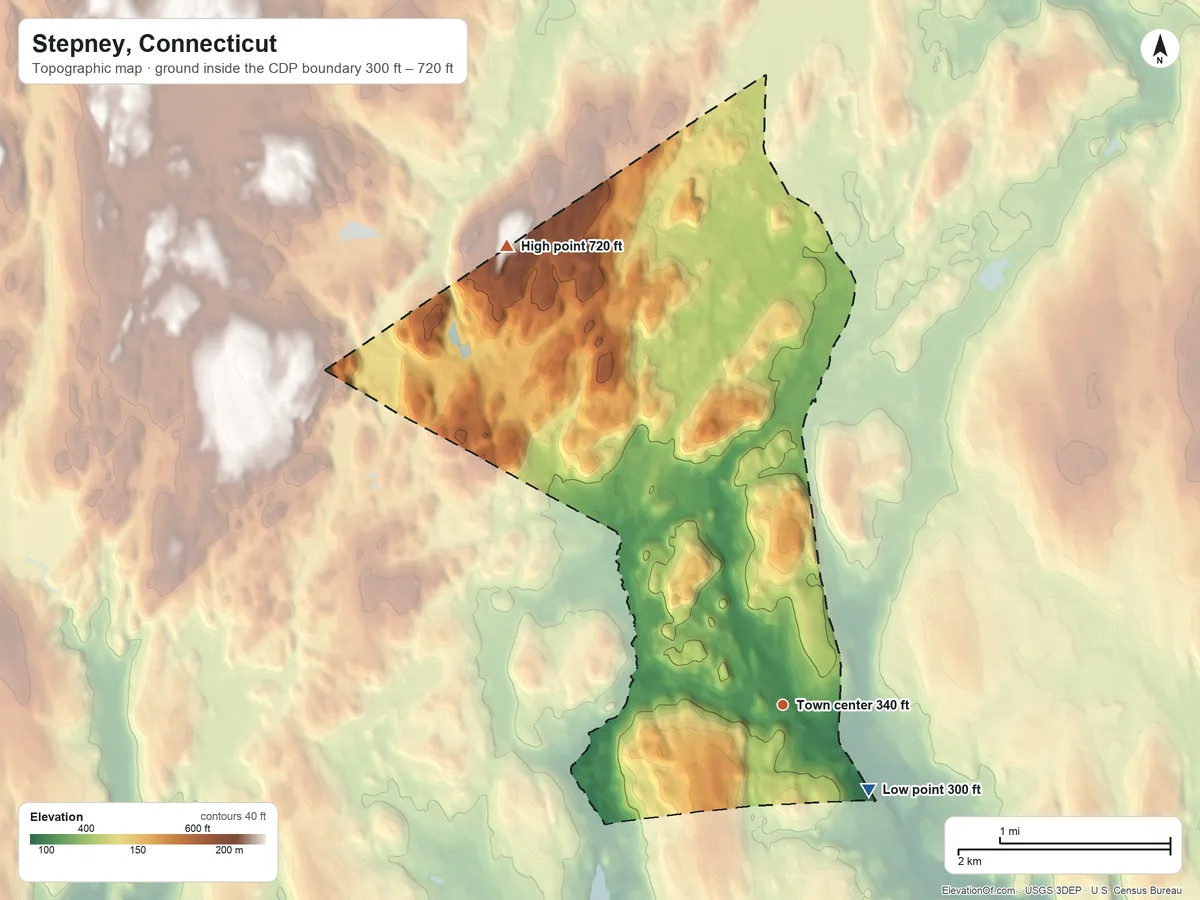 Topographic elevation map of Stepney, Connecticut, shaded from 300 ft on the southeast side to 720 ft on the northwest side