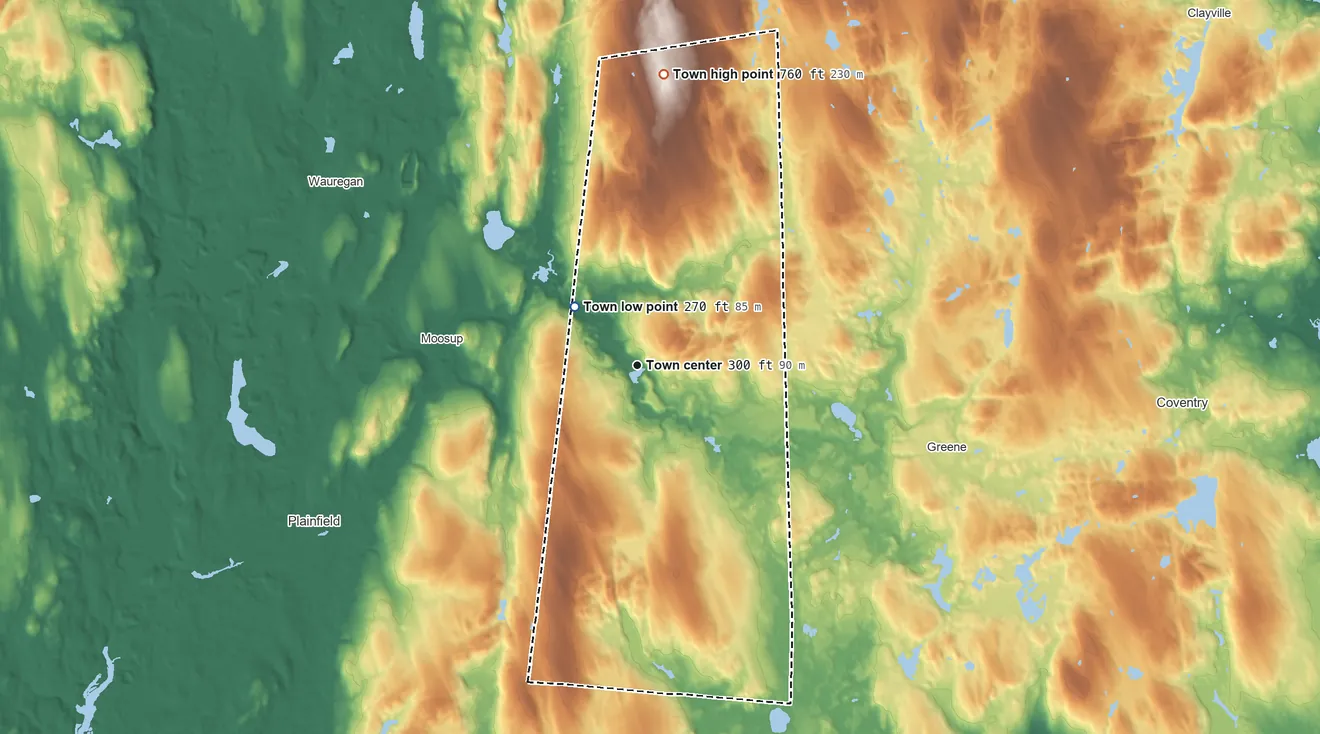Topographic elevation map of Sterling, Connecticut, shaded from 270 ft on the northwest side to 760 ft on the north side