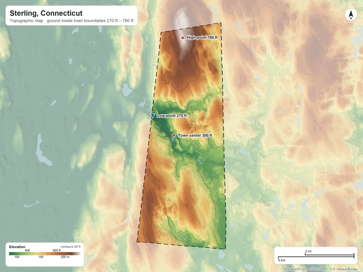 Topographic elevation map of Sterling, Connecticut, shaded from 270 ft on the northwest side to 760 ft on the north side