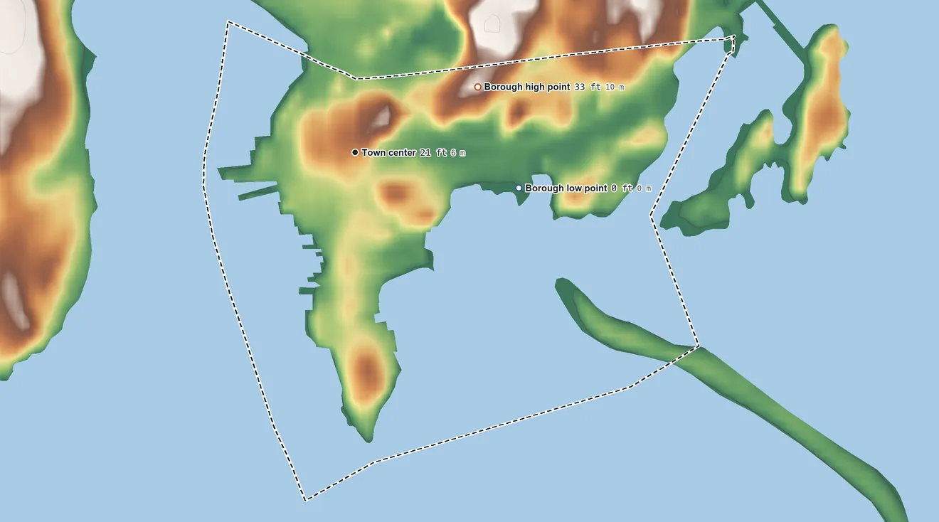 Topographic elevation map of Borough of Stonington, Connecticut, shaded from sea level level on the Atlantic Ocean to 33 ft on the northeast side